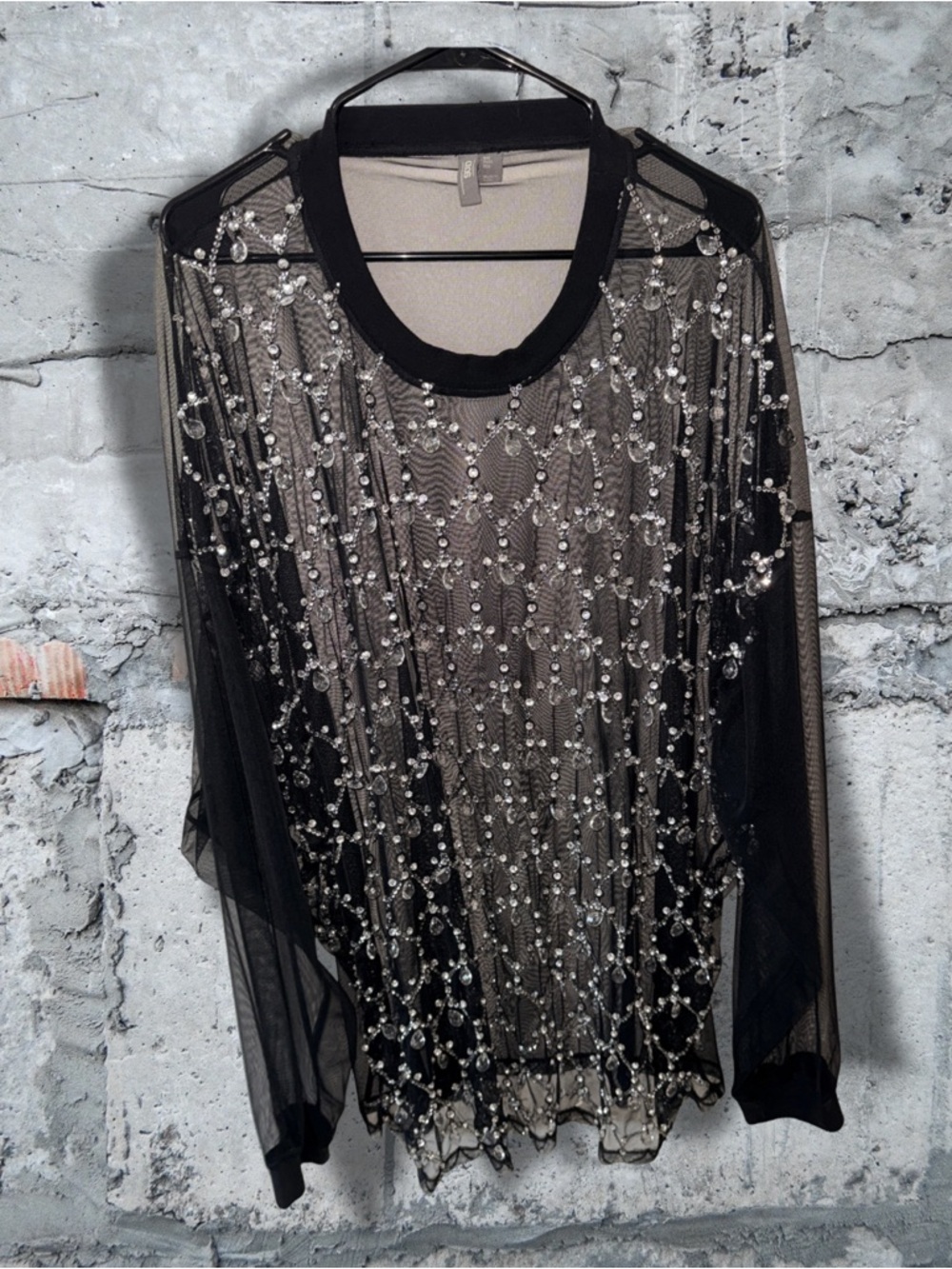 ASOS Black Sheer Long-Sleeve Top with Silver Beaded Detail